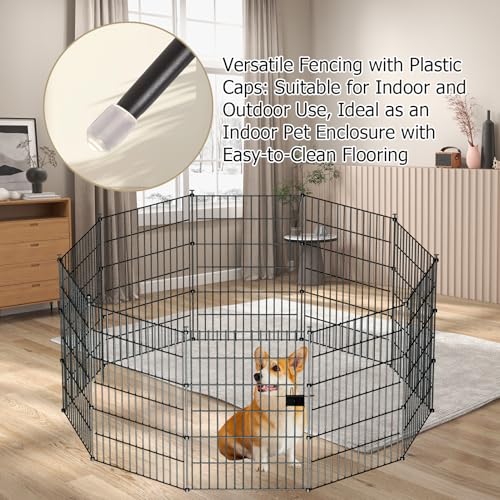 10 Panels No Dig Metal Garden Fence 24"H x 20' L Dog Fence Outdoor for Yard | Rustproof welded metal with ground stakes for outdoor yards, patios. Modular design restrains pets, rabbits and small animals - size: 10 Panels-20 ft(L) X 24 in(H) with Gate
