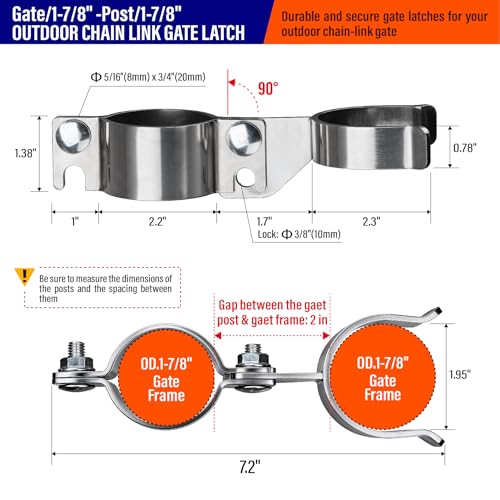 Heavy Duty Stainless Steel 1-7/8" x 1-7/8" Chain Link Fence Gate Fork Latch with Hole for Padlock（Fit 1 7/8" Gate Frame） 1Pack - size: 1-7/8''x1-7/8''-1P