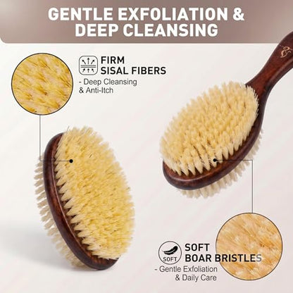 Short-Handle Dual-Sided Bath Massage Brush, Soft Boar & Firm Sisal Bristles, Portable (Red Oak)