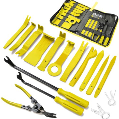 Poraxy 19Pcs Trim Removal Tool,Car Panel Door Audio Trim Removal Tool Kit, Auto Clip Pliers Fastener Remover Pry Tool Set with Storage Bag - color: Yellow