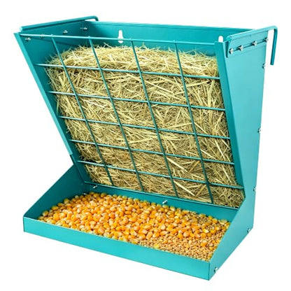 2 in 1 Wall Mount Hay and Grain Feeder, 25 Gallons Livestock Feeder | Galvanized Steel Wall Hay Rack, Hanging Hay Feeder with Mounting Kit for Goats Sheep Horse, Slow Feeder for Goats with Trough