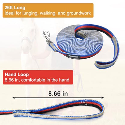 26ft/8m Horse Lunge Line & Long Dog Training Leash, 360° Swivel Snap - color: Blue-Red-Black