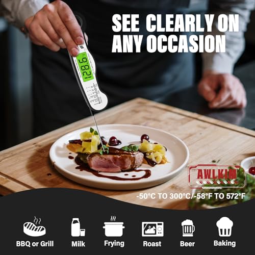 AWLKIM Meat Thermometer Digital, Instant Read Food Thermometer, Black | Waterproof cooking thermometer with doneness chart, backlight, F/C switch for BBQ, candy, oil - color: Black