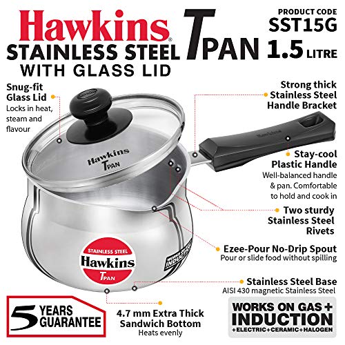 Hawkins Stainless Steel Tpan 1.5L with Glass lid - size: 1.6 Quarts