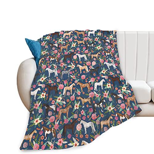 exroozy Horse Blanket Gifts for Girls Women Western Throw Blankets 60"x50" | Animals Flowers Fleece Flannel Soft Lightweight Plush Stuff Throws for Kids Adults Bed Sofa Decor - color: Blue Horse With Flower, size: 60"x50" for Teenager