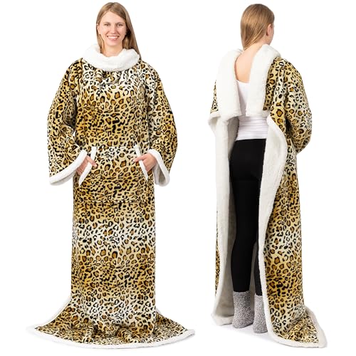 PAVILIA Sherpa Wearable Blanket with Sleeves and Pocket, Plush Thick Cozy Body Blanket Wrap for Adult Women Men, Christmas Gift for Wife Mom, Leopard Cheetah - color: Cheetah