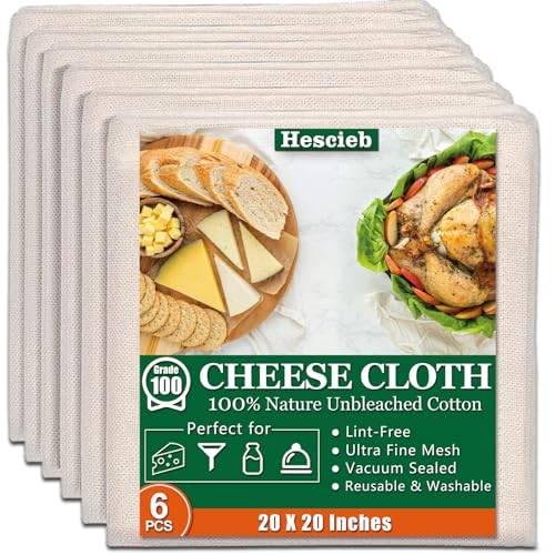 6 Pcs Cheese Cloths, 20x20 Inch, 100% Unbleached Cotton, Grade 100 Reusable Cheese Cloth With Fabric Fine Mesh Cloth, Reusable Muslin Cheesecloth for Straining, Juicing, Cooking, Baking - color: 6 Pcs