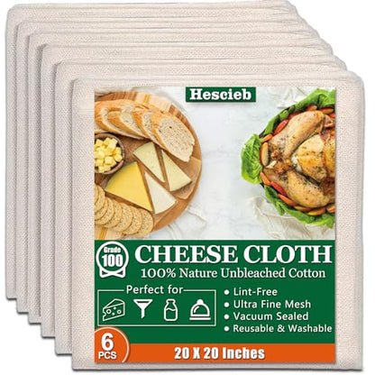 6 Pcs Cheese Cloths, 20x20 Inch, 100% Unbleached Cotton, Grade 100 Reusable Cheese Cloth With Fabric Fine Mesh Cloth, Reusable Muslin Cheesecloth for Straining, Juicing, Cooking, Baking - color: 6 Pcs