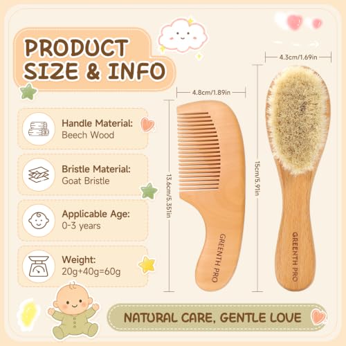 GREENTH PRO Baby Hair Bush and Comb Set -Nature Lotus Wood with Soft Goat Bristle and Pear Wood Comb for Newborns & Toddlers, Ideal for Cradle Cap