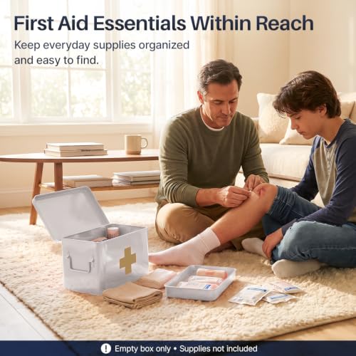 Flexzion Large Metal First Aid Box Empty, 13-Inch, White with Gold Cross - color: White - Gold Cross, size: 13 Inch without Latch Lock