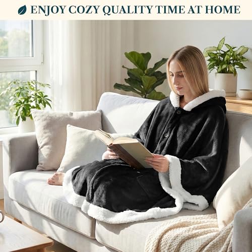 PAVILIA Hooded Blanket Poncho for Women, Fleece Wearable Shawl Wrap, Black | Fleece Shawl Wrap with Hood, Adult Wearable Blanket, Cozy Warm Poncho Cape Throw with Pockets, Gift for Elderly Mom - color: Black