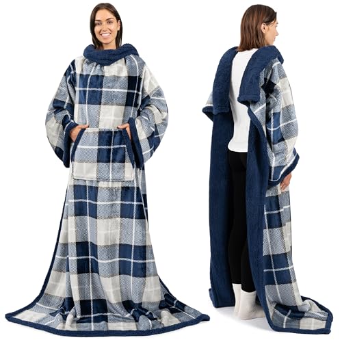 PAVILIA Sherpa Wearable Blanket with Sleeves and Pocket, Plush Thick Cozy Body Blanket Wrap for Adult Women Men, Christmas Gift for Wife Mom, Plaid Navy Blue - color: Plaid Navy