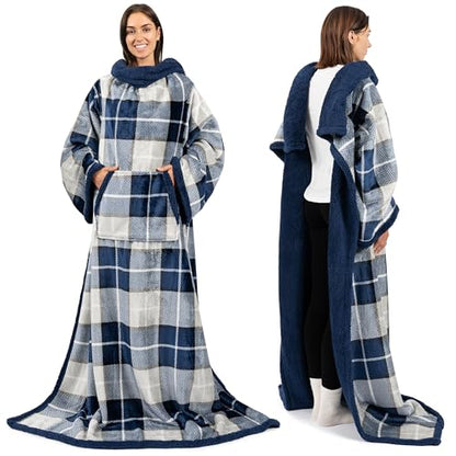 PAVILIA Sherpa Wearable Blanket with Sleeves and Pocket, Plush Thick Cozy Body Blanket Wrap for Adult Women Men, Christmas Gift for Wife Mom, Plaid Navy Blue - color: Plaid Navy