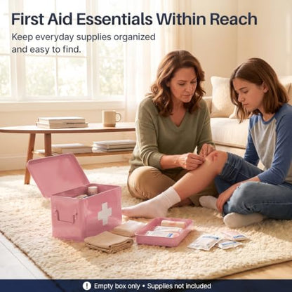 Flexzion Large Metal First Aid Box Empty, 13-Inch, Pink with White Cross - color: Pink, size: 13 Inch without Latch Lock