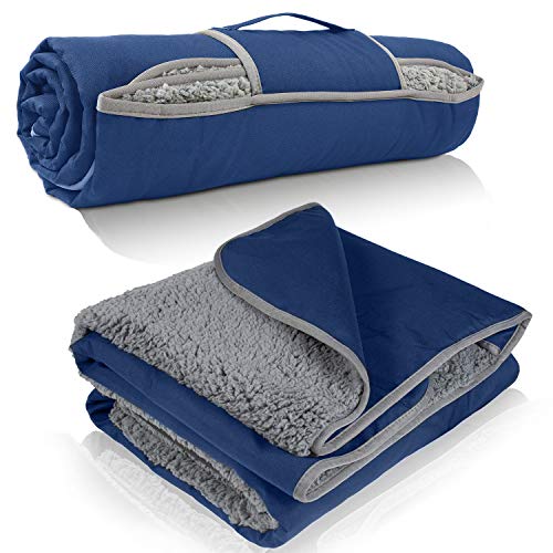 Tirrinia Waterproof Outdoor Blanket with Sherpa Lining, Windproof Foldable - color: Navy/Grey, size: 51” x 59”