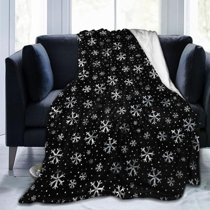 Winter Snowflakes Black Fleece Blanket Lightweight Ultra-Soft Christmas Throw Blanket for Sofa Couch Bed Camping Travel - Super Soft Cozy Microfiber Blanket 60"X50" - color: Winter Snowflakes(black), size: 60"x50"
