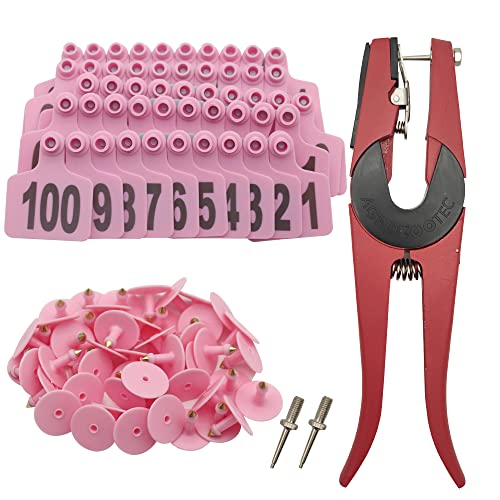 Cattle Ear Tags 001-100, 100Pcs Plastic Livestock Ear Tag for Cows Goats Sheep Pigs with Pliers Applicator & 2 Pins, Animal ID Tags for Ranch Farm Herd Tracking, Laser Print (001-100, Pink) - color: Pink