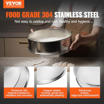 VEVOR Flour Sieve, 10 Mesh Sifter, 304 Stainless Steel Food-grade Fine Mesh Strainer, Dia. 12.6" for Baking, 5 Sizes Mesh Hole for Mungbean, Rice, Pearl Powder - style: 10 Mesh