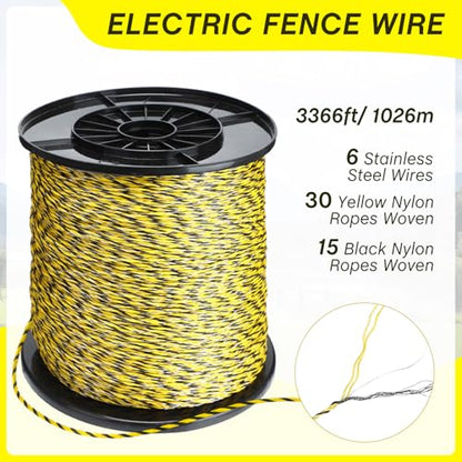 SATINIOR 46 Pcs Electric Fence Kit Included 3366ft/ 1026m Electric Fence Polywire, 40 T Post Insulators Socket, 5 Yellow Rubber Gate Handle Insulators for Fencing Horse, Cattle, Predator Protection