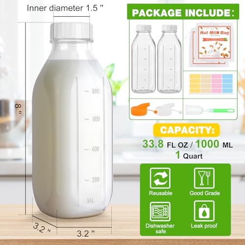 CARBLIN 32 Oz Glass Milk Bottles with Lids，1 Quart Juice Drinking Jugs