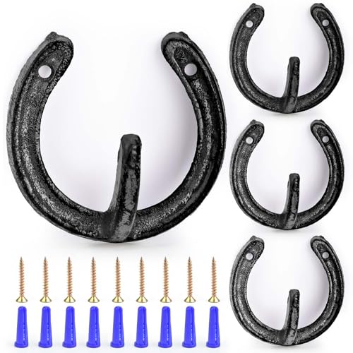 4 PCS Cast Iron Horseshoe Shaped Wall Hooks Coat Hooks Vintage Hanger for Hanging Coat Hat Bags Key Towel (Black) - color: Black