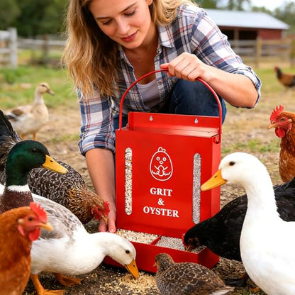 Oyster Shell and Grit Feeder Combo, Metal Chicken Feeder with Viewing Window/Lid, Hanging Gravity Chicken Grit Feeder, Coop Accessories for Healthier Hens and Eggs (Red) - color: Red