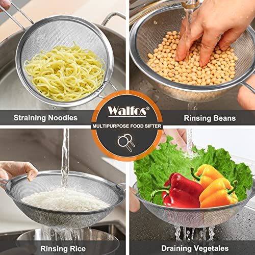 Walfos 8.6 Inch Large Fine Mesh Strainer, Kitchen Metal Food Strainers with Sturdy Handle, Stainless Steel 30 Mesh Sieve Sifters for Rice, Quinoa, Pasta, Fruits, Vegetables, etc. - size: 8.6"