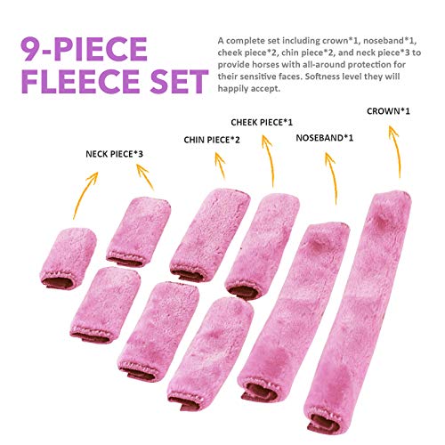 Harrison Howard Horse Halter Fleece Cover Set – Full Coverage Anti-Rub Halter Covers for Horses, Noseband, Chin & Crown Protection, 9-Piece Padding Set Pink - color: Pink