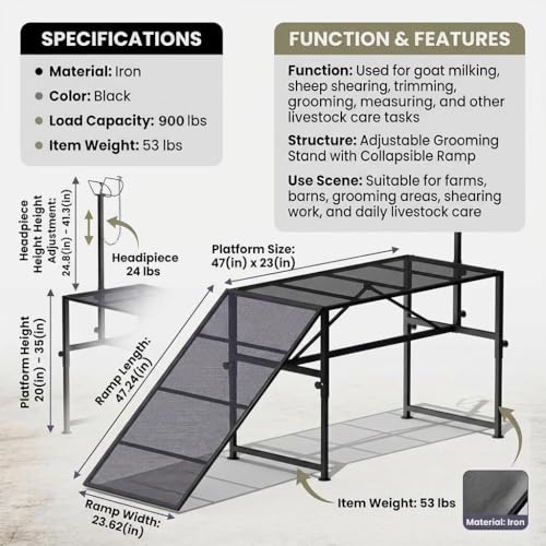 Goat Milking Stand, 900 lb Heavy Duty Iron Goat Stand with Collapsible Ramp and Height Adjustable 47"x23" Platform for Farm Barn Grooming and Daily Livestock Care
