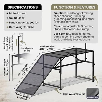 Goat Milking Stand, 900 lb Heavy Duty Iron Goat Stand with Collapsible Ramp and Height Adjustable 47"x23" Platform for Farm Barn Grooming and Daily Livestock Care