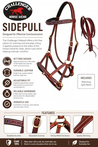 Horse Western Leather Beaded Bitless Sidepull Bridle Reins Rhinestone - color: Tan/Royal Blue