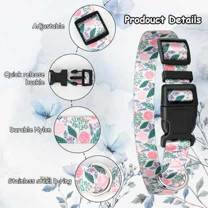 2 Pack Goat Collars with Bells, Floral Adjustable Nylon Collar Set | Adjustable Nylon Collar & Sheep Grazing Copper Bells for Small Farm Animal Sheep Calf Cow Accessories(13.7"-20.5") - color: Light Green Print+ Pink Rose