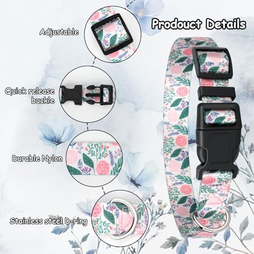 2 Pack Goat Collars with Bells, Floral Adjustable Nylon Collar Set - color: Light Green Print+ Pink Rose