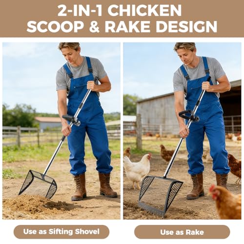 Chicken Poop Scooper, 2-in-1 Rake & Sifter, 24-68in Extendable Stainless Steel Handle with 12" Wide Metal Shovel Head, Poultry Litter Cleaner for Chicken Coop and Goat Stall