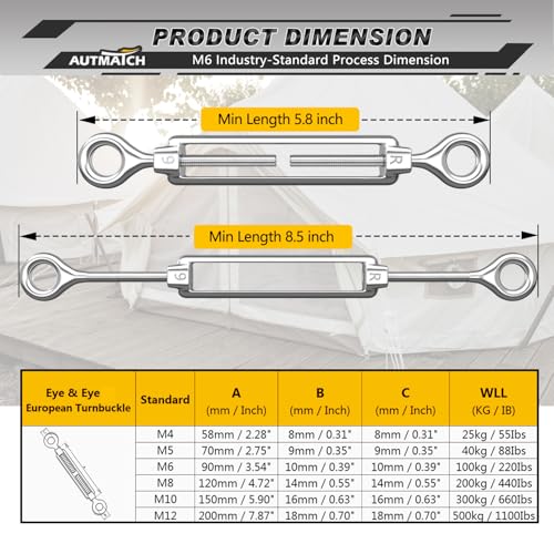 AUTMATCH M6 Eye & Eye Turnbuckle - 304 Stainless Steel Wire Rope Tensioner | Adjustable Turnbuckle for Cable Railing, Fence & Shade Sail Hardware, Wire Rope Tension Kit, 6-Pack, Silver - color: Silver Tone - Eye & Eye, size: M6