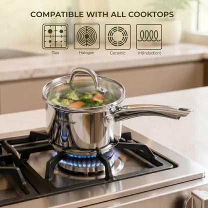 Sunhouse: Stainless Steel Saucepan - Classic: 2 Quart - Tempered Glass Lid, 3-Ply Bottom, Round-Edge Cookware Pot, All Cooktop-Oven-Dishwasher Safe