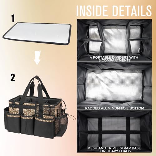 SCAVATA Wearable Cleaning Caddy, Cleaning Caddy Supplies Organizer with Handle & Shoulder Straps for Housekeepers, Under Sink & Car Cleaning Tool Organizers Bag with 4 Foldable Divider (Leopard) - color: Leopard