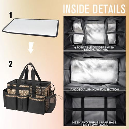 SCAVATA Wearable Cleaning Caddy, Cleaning Caddy Supplies Organizer with Handle & Shoulder Straps for Housekeepers, Under Sink & Car Cleaning Tool Organizers Bag with 4 Foldable Divider (Leopard) - color: Leopard