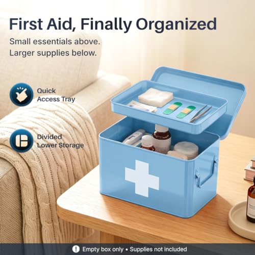 Flexzion Large Metal First Aid Box Empty, 8.5-Inch, Blue with White Cross - color: Blue, size: 8.5 Inch without Latch Lock