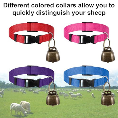 MAQUITA 12 Pack Goat Collars with Bells - Adjustable Nylon Collar Set with Antique Copper Bells for Sheep, Lambs, Small Farm Animals (4 Colors)