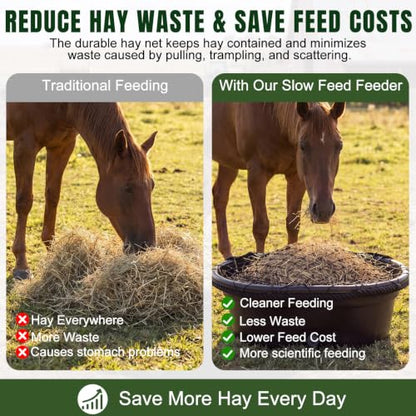 BreezeHug 30 Gallon Rubber Slow Hay Horse Feeder,Heavy Duty Hay Pan Net Set | Save Hay,Extra Large Feed Bucket with 8 Snaps, Horse Feeder with Drain Hole for Goat Farm Livestock Poultry,Reduce Waste