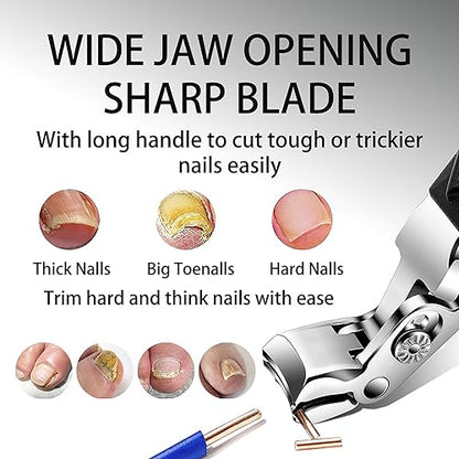 Premium Stainless Steel Toenail Clippers for Men & Seniors - 180° Wide Jaw Opening, Heavy Duty Nail Cutter for Thick & Ingrown Nails Anti-Splash Design, Dual Blades Set with Metal Case & Travel Pouch