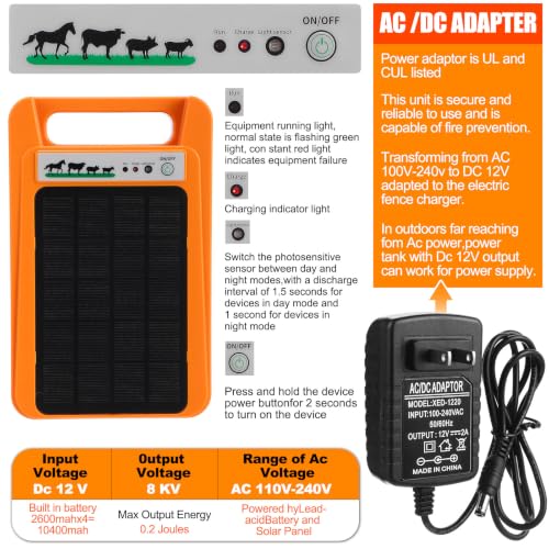 10 Miles Solar Electric Fence Kit Output 0.2 J 24/7 Day/Night Protection with Fence Charger Ground Rod Wire Insulator Rechargeable Solar Panel for Horse Cattle Cow Livestock