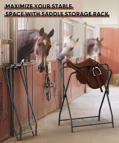 Queension Foldable Saddle Rack with Bottom Storage for Horse Stable, Black - style: Standing-Black