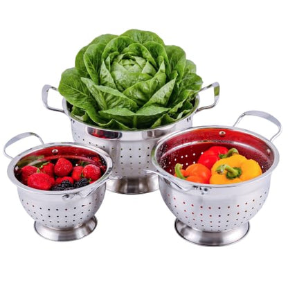 OVENTE Premium Stainless Steel Colander Set of 3, Silver C46263S | Comes with different sizes: 1.5, 3, 5 QT, Comfortable Large Handles, Ideal for draining pasta or Rinsing Vegetables or fruits - size: 5, 3, 1.5 Quarts, style: Colander Set of 3