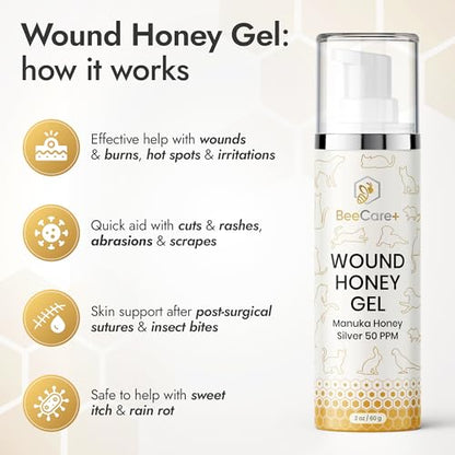 Manuka Honey Wound Gel for Hot Spot Treatment for Dogs and Cats – Helps with Irritations, Cuts, Rashes, Abrasions, and Scrapes – Colloidal Silver for Dogs 2 oz - size: Wound Gel, 2 Fl Oz