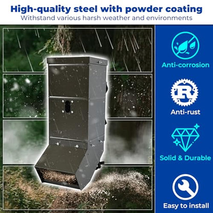ECOTRIC Livestock Feeder with Waterproof Cover and Mounting Straps, Hanging | Deer Gravity Feeder, Steel Black