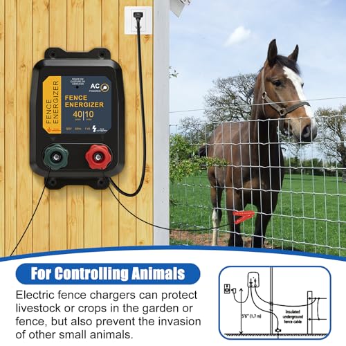 Electric Fence Energizer, 10 Mile/40 Acres Plug-in AC Low Impedance Fence Charger PE5, 0.16J for Containing Livestock, Pets & Keeping Out Small Nuisance Animals