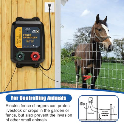 Electric Fence Energizer, 10 Mile/40 Acres Plug-in AC Low Impedance Fence Charger PE5, 0.16J for Containing Livestock, Pets & Keeping Out Small Nuisance Animals