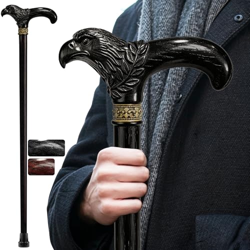 Wooden Cane, Hand Carved Eagle Walking Cane for Men Women - color: Black